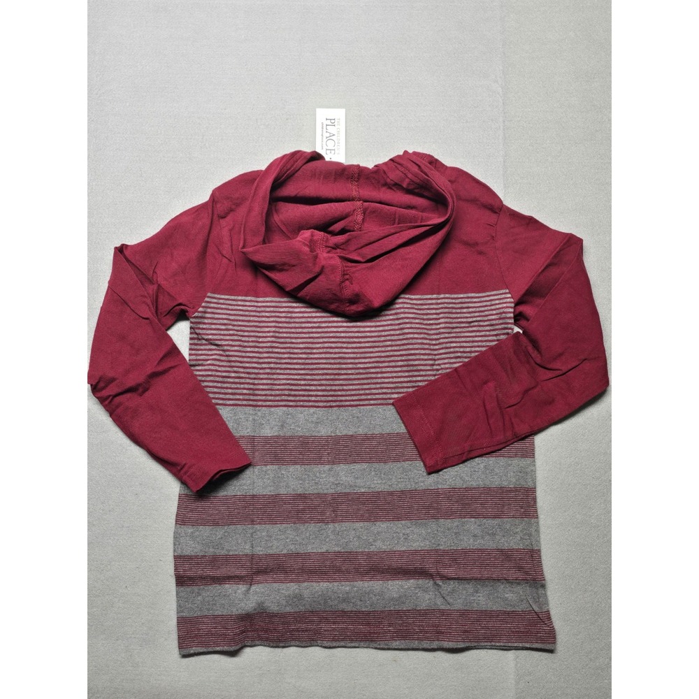 The Childrens Place Boys Size S 5/6 Burgundy Gray Striped Hooded Long Sleeve Tee - Picture 3 of 3